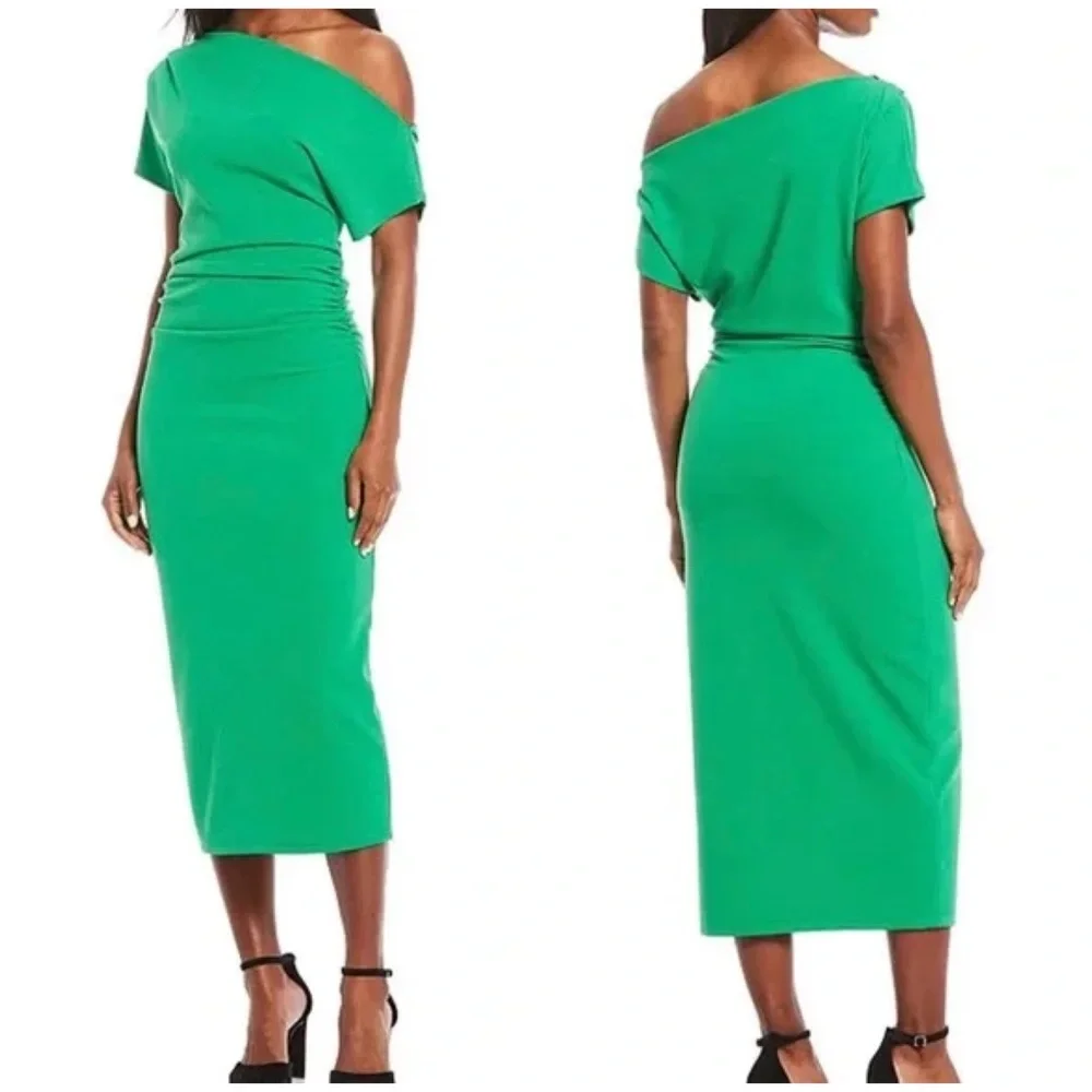 NWT Gibson Latimer Asymmetric One Shoulder Short Sleeve Ruched Midi Knit Dress